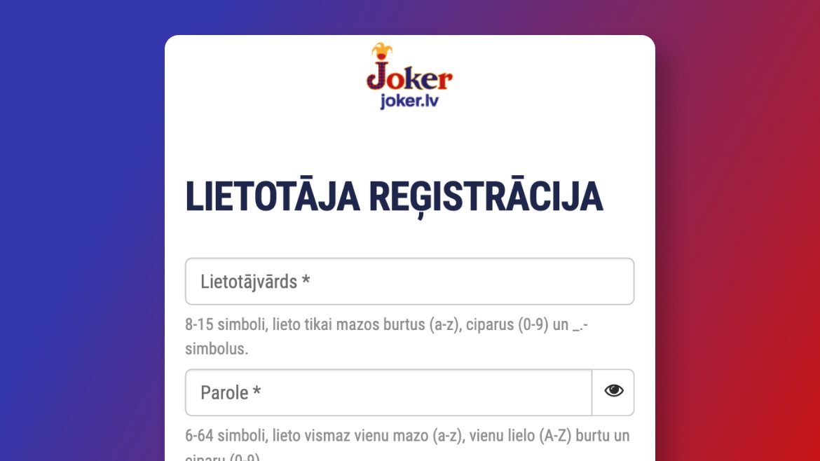 Joker Casino - Reģistrācija - Solis 1