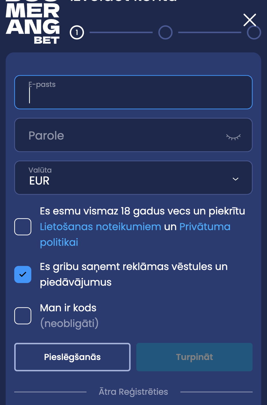 Aizpildiet reģistrācijas formu